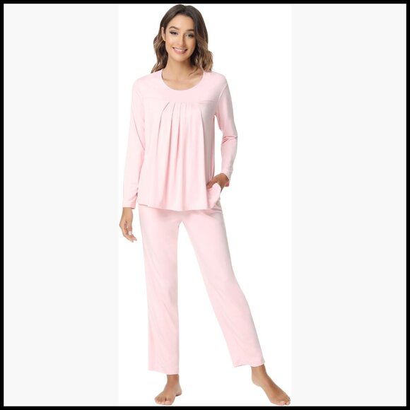 Viscose Made from Bamboo Long Sleeve Pajama Set Pleated Chest Design